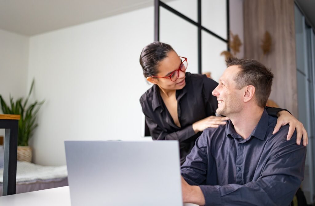 sexual relations at work. Company friends romance relationship concept.